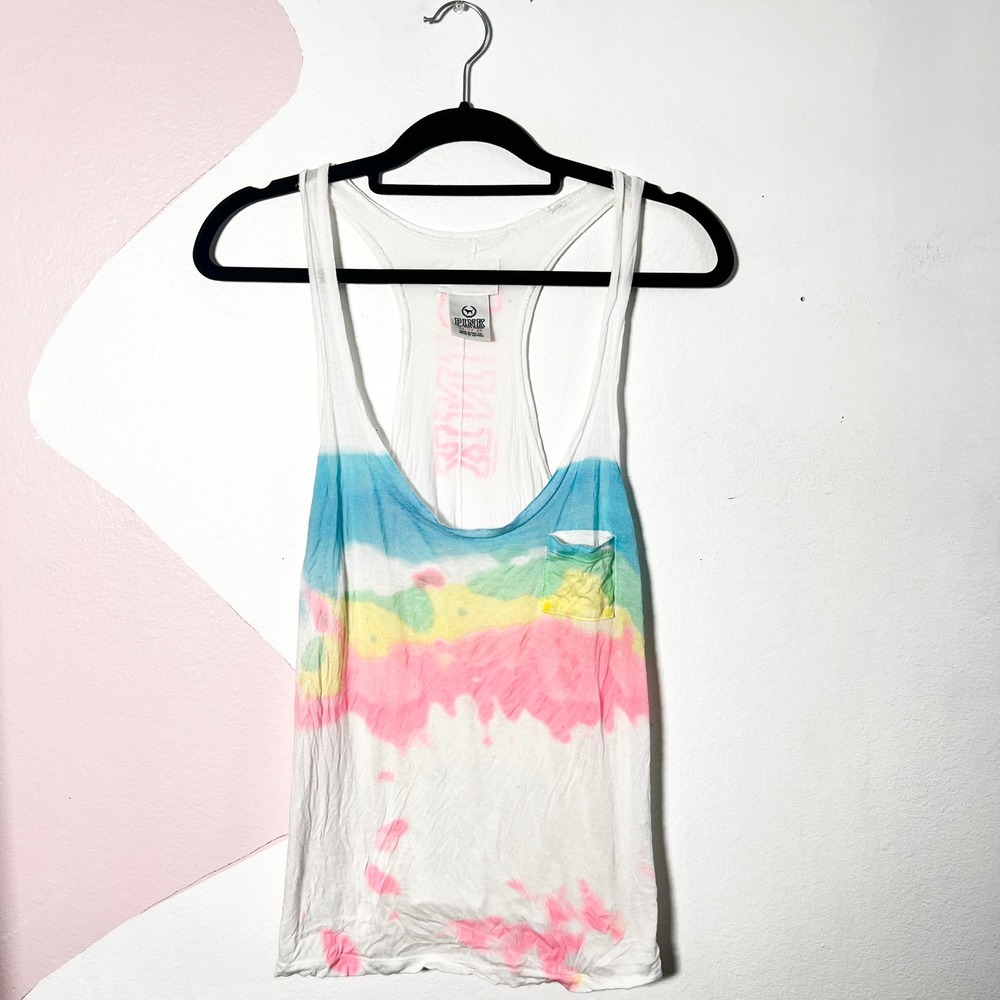 Vtg Y2K Victorias Secret PINK Tie Dye Tank Top XS Racerback White